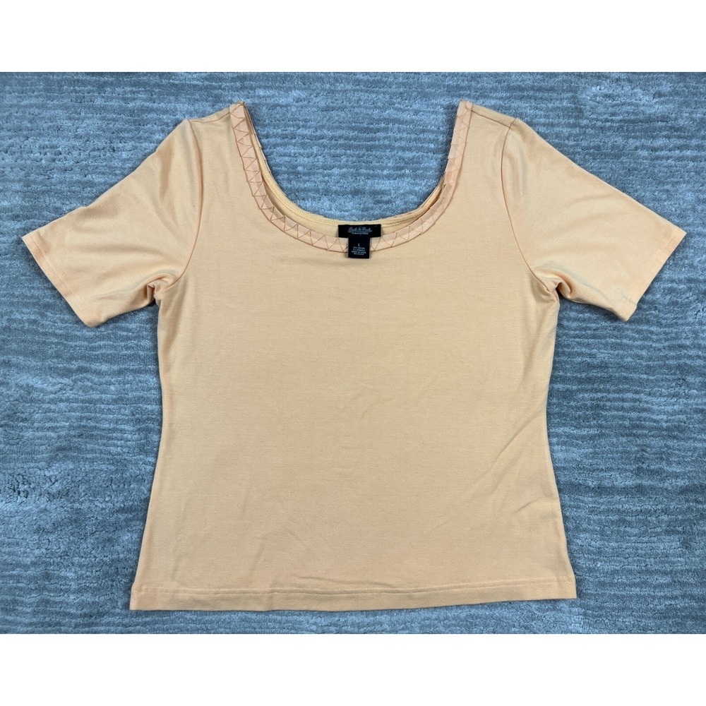 Peck & Peck Top Womens Large Peach Scoop Neck Short Sleeve Textured Trim Stretch